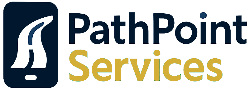 Logo of PathPoint Services; dark blue square with abstract white road icon; text 