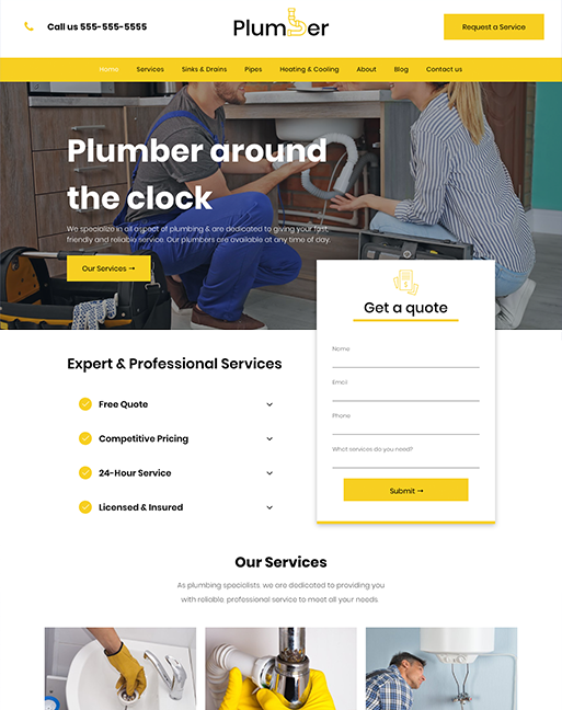 Plumber website homepage. Plumber fixing pipes under a sink. Form for getting a quote and service details are highlighted.