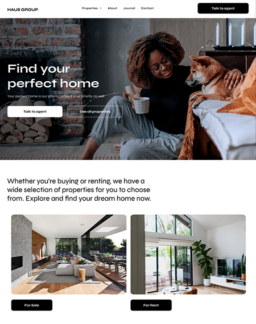 Homepage promoting Haus Group's property selection; woman with dog, two property photos.