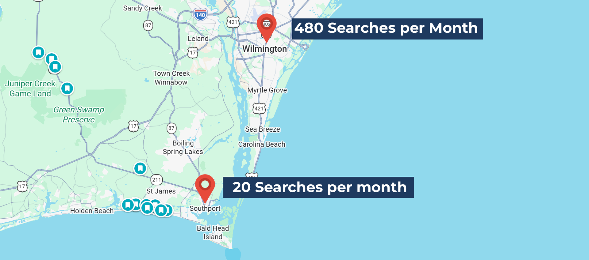 Map comparing monthly Google search volume in Wilmington NC versus Southport showing 10x larger mark