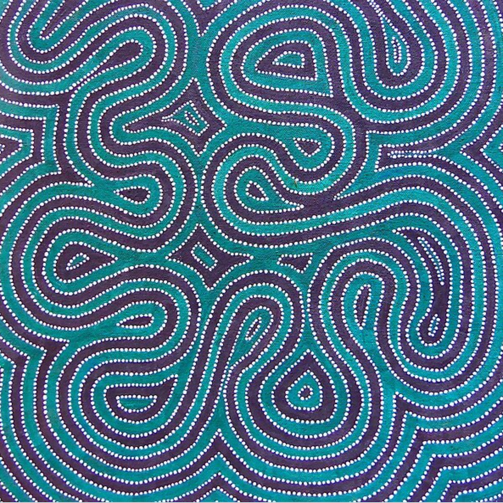 A close up of a painting of a maze on a blue and purple background.