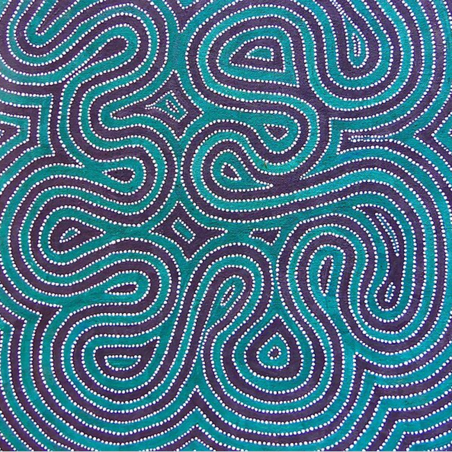 A close up of a painting of a maze on a blue and purple background.