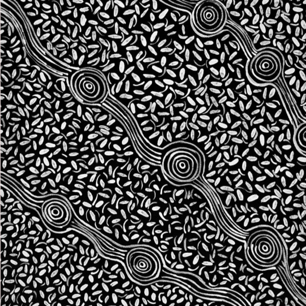 A black and white painting of leaves and swirls on a black background.