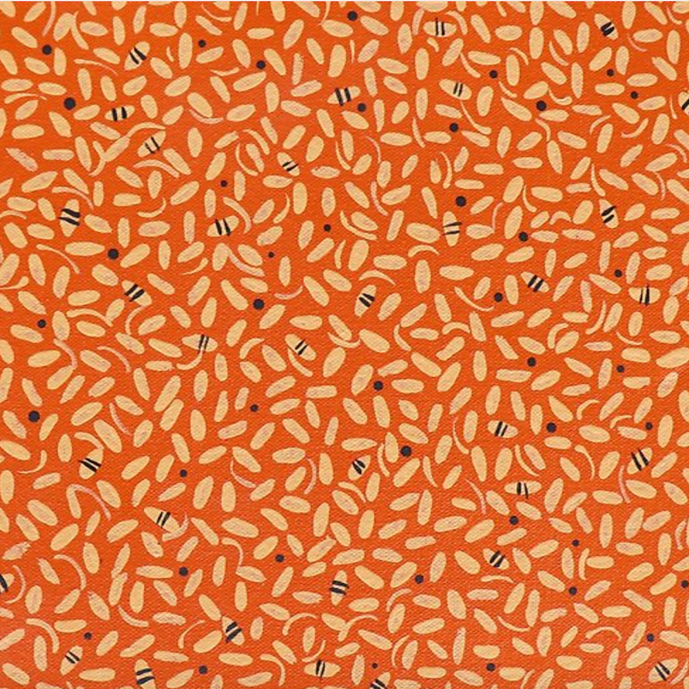 A close up of a pattern of bees on an orange background