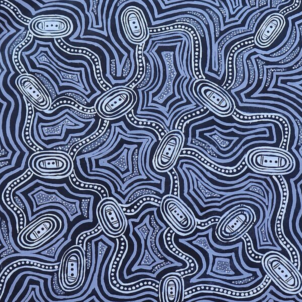 A black and white painting of a maze on a blue background.