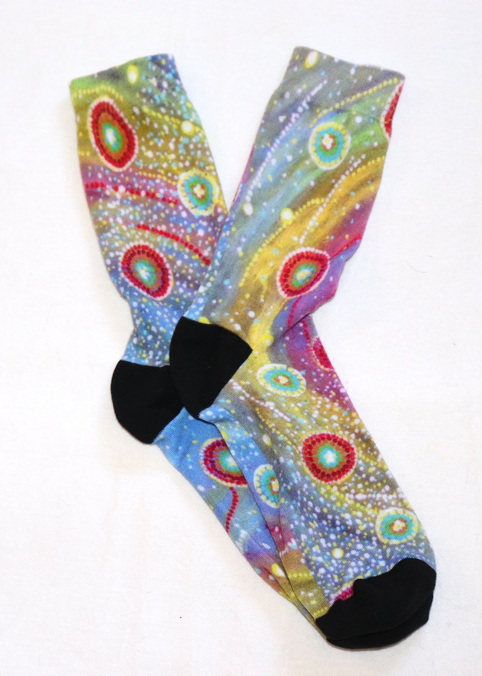 A pair of colorful socks with circles on them