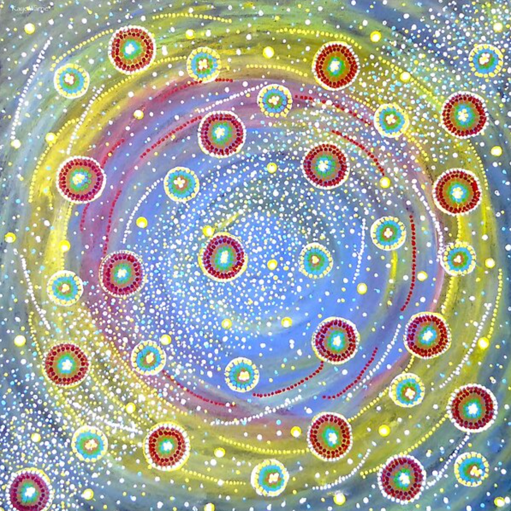 A colorful painting of circles and stars on a blue background.