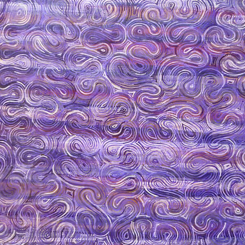 A close up of a purple painting with swirls on it.