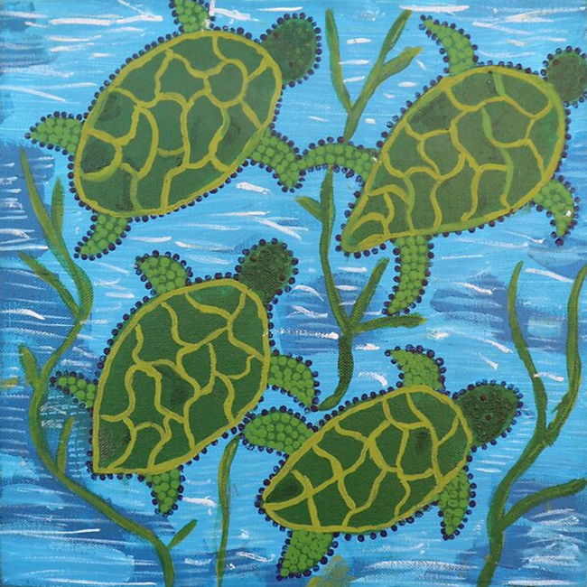 A painting of three green sea turtles swimming in the ocean.