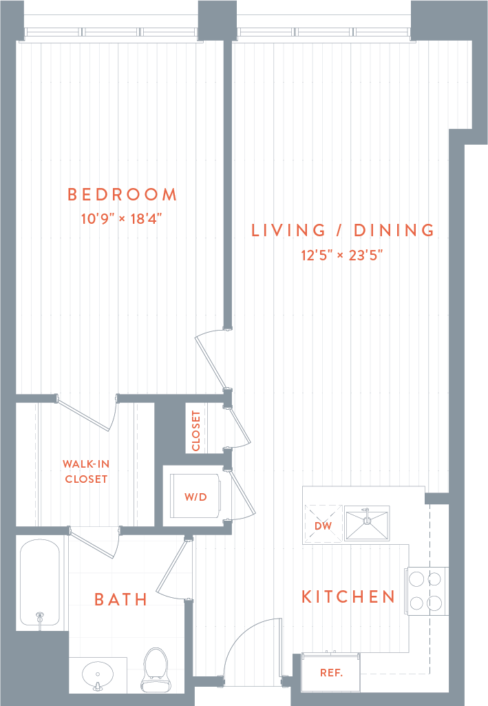 A floor plan of a bedroom , living , and dining room.