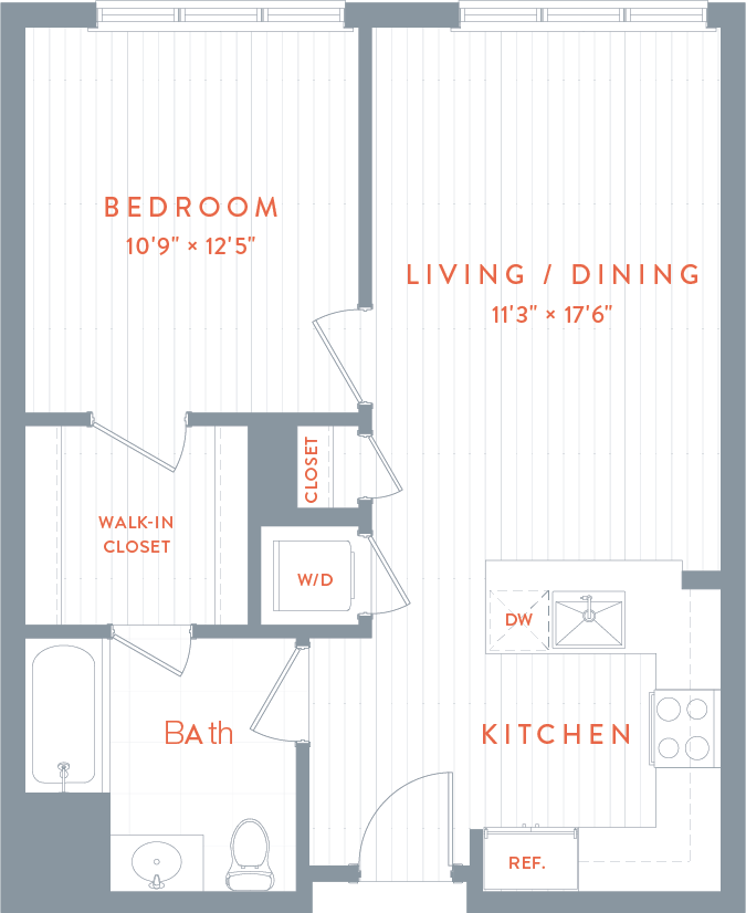 A floor plan of a bedroom , living room , dining room and bathroom.