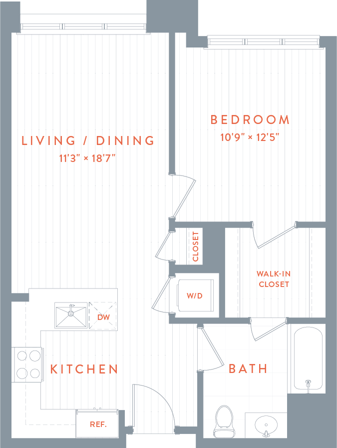 A floor plan of a bedroom , living room , dining room , kitchen and bathroom.