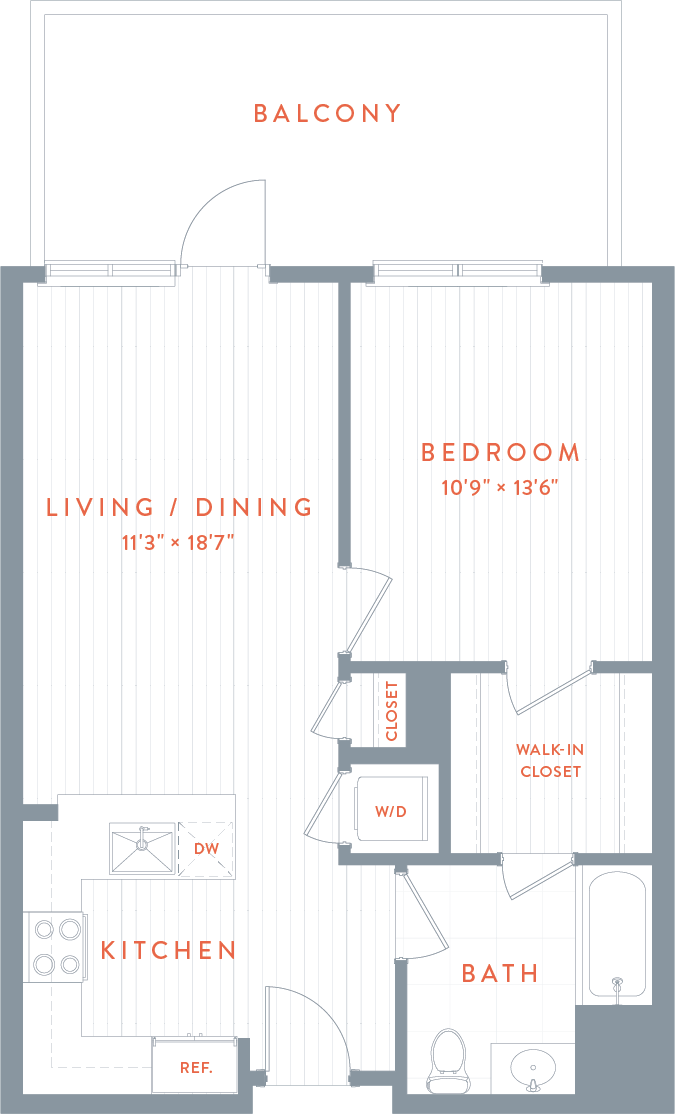 A floor plan of a bedroom apartment with a balcony.