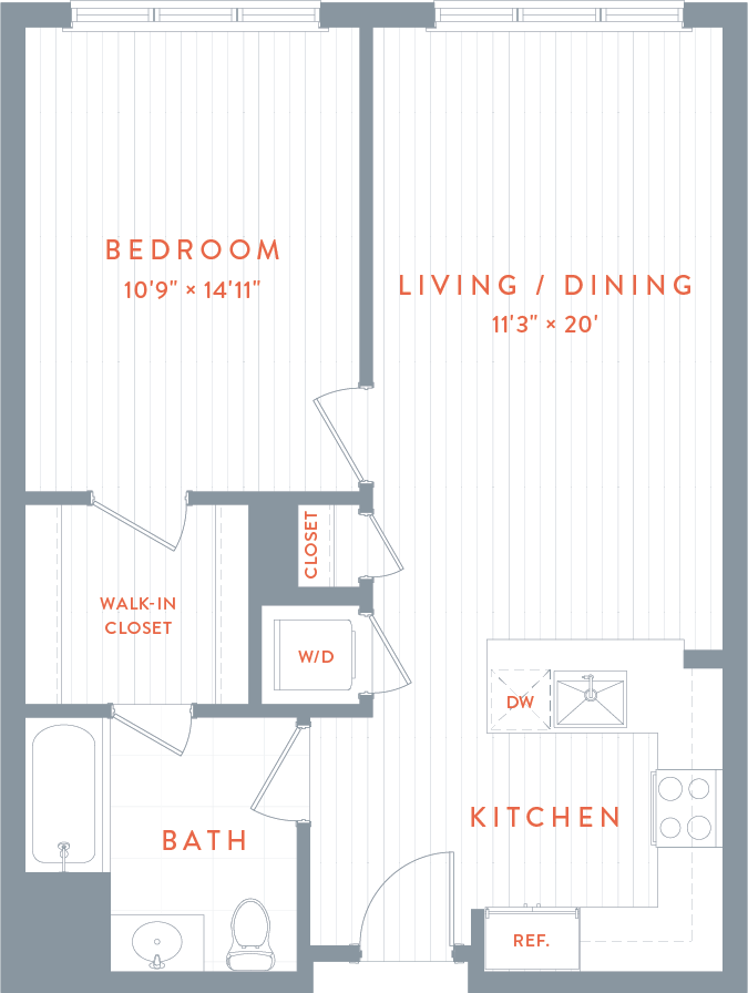A floor plan of a bedroom , living / dining room , and kitchen.