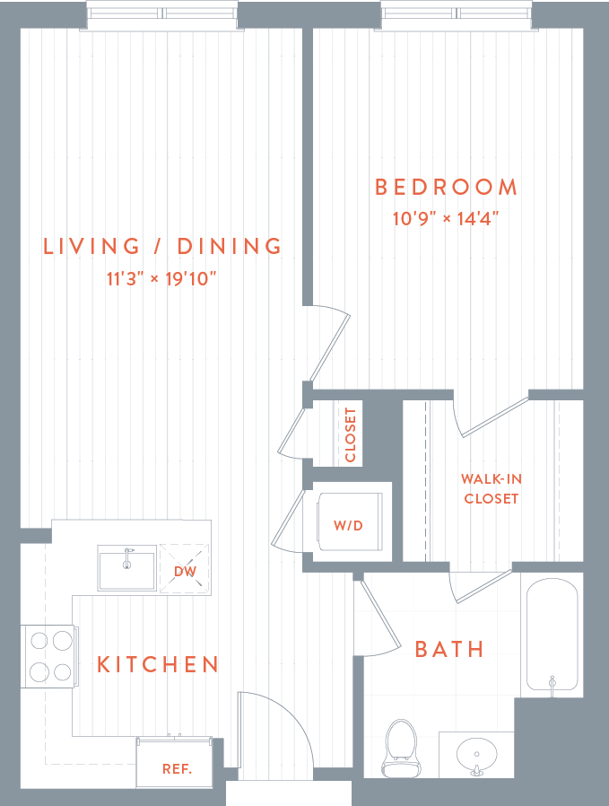 A floor plan of a single bedroom apartment with a living room , dining room , kitchen and bathroom.
