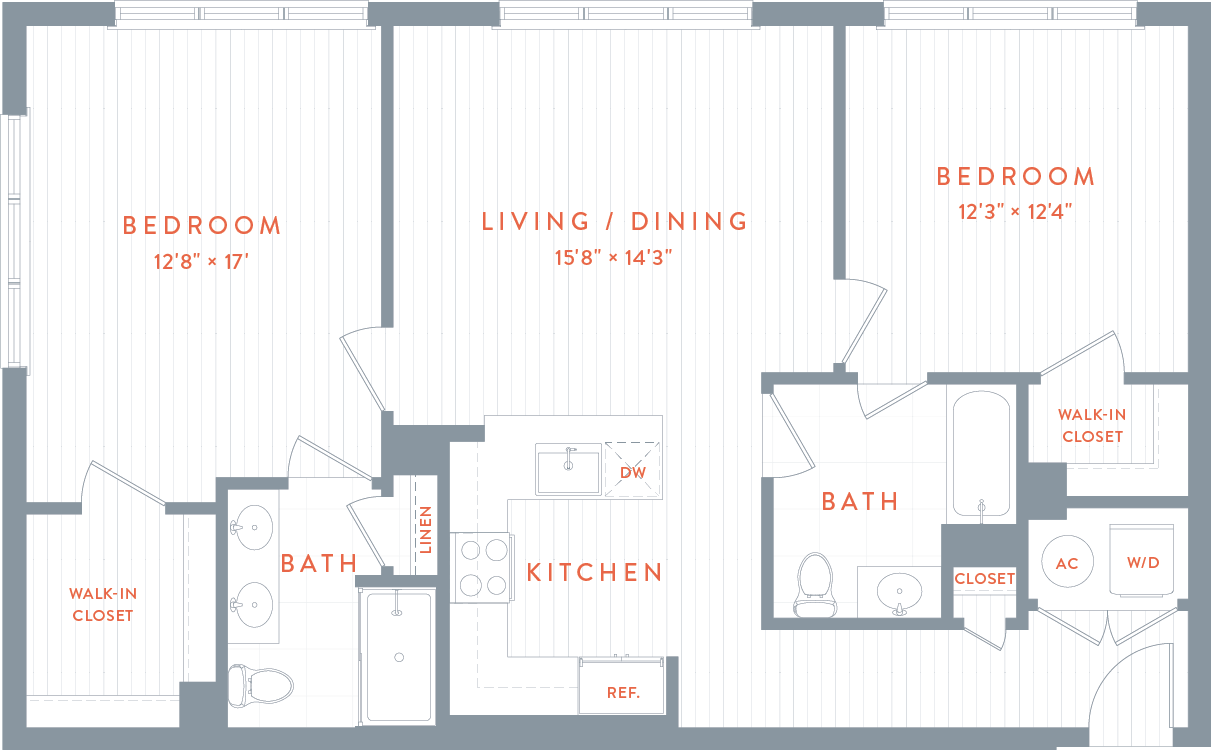 A floor plan of a house with a bedroom , living room , and kitchen.