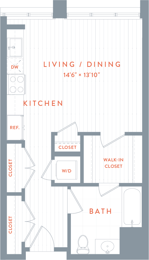 A floor plan of a living / dining room , kitchen , and bathroom.