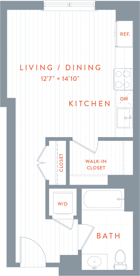 A floor plan of a living / dining room , kitchen , bathroom and walk in closet.