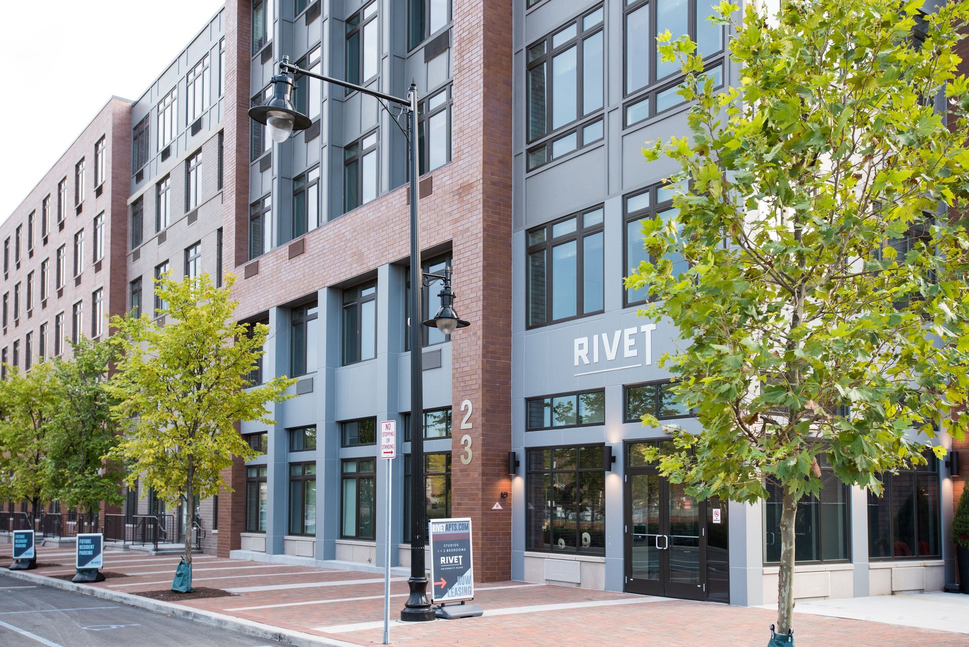 A large building with a sign that says rivet on it