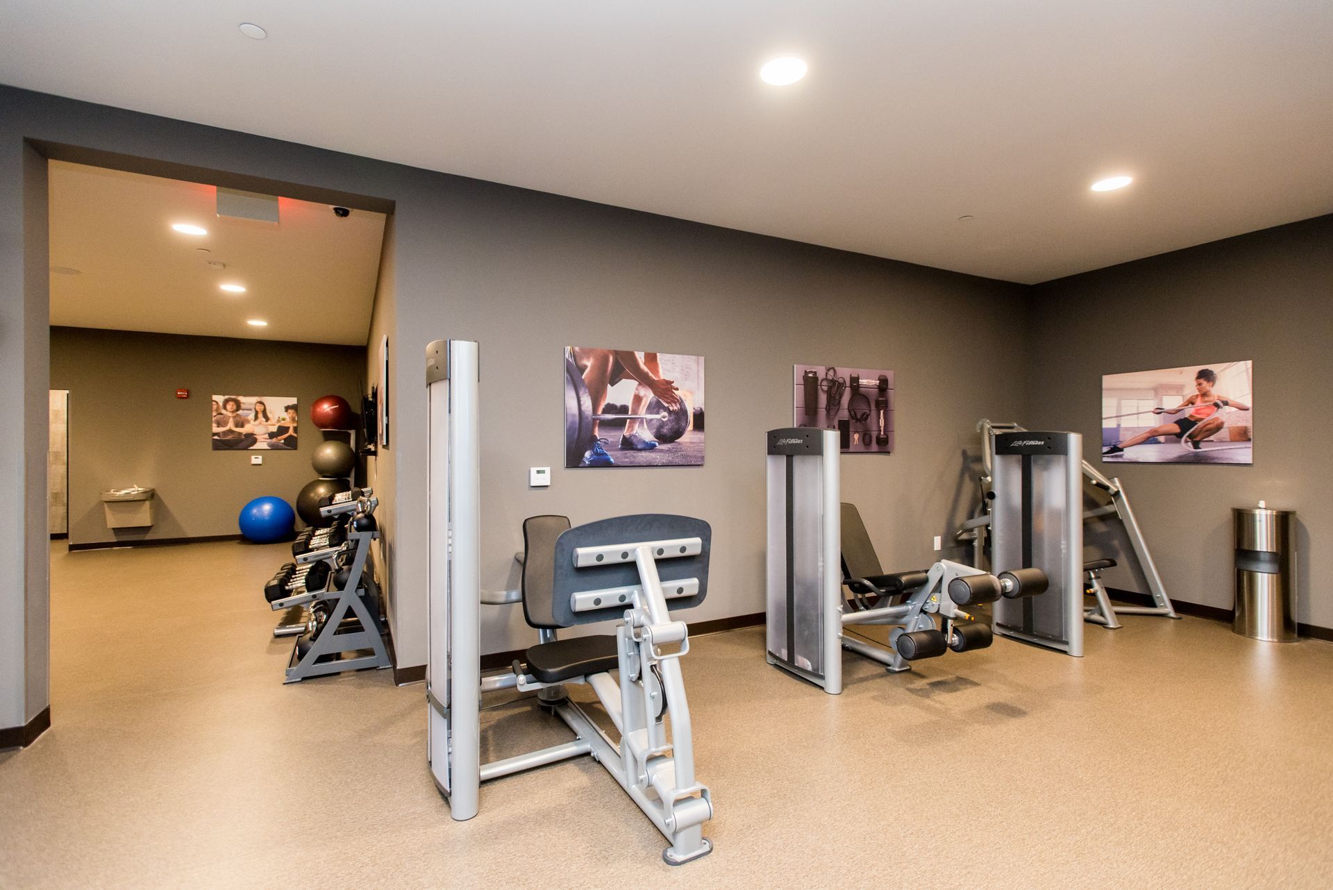 A gym with a lot of exercise equipment and pictures on the wall.