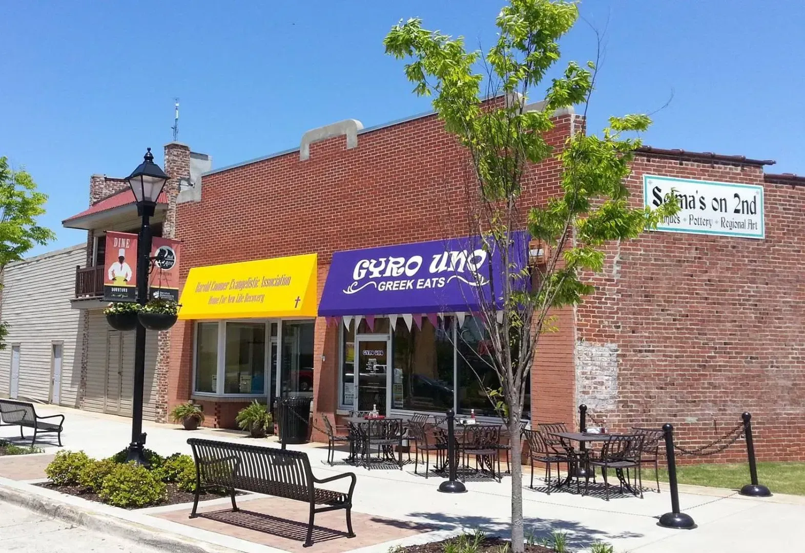 Yellow and Blue Store Awnings — Decatur, AL — Evans Awnings