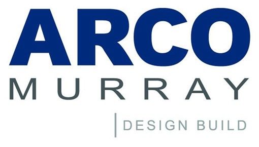 The logo for arco murray design build is blue and white.