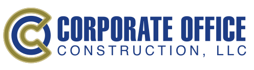 The logo for corporate office construction , llc is blue and gold.