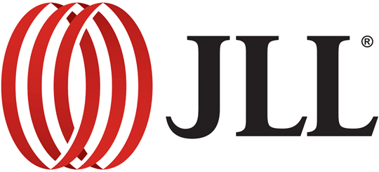 The jll logo is red and white with a black circle in the middle