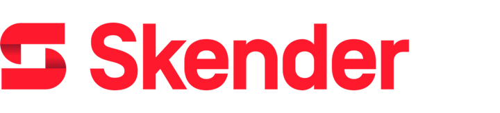 A red and white logo for skender on a white background