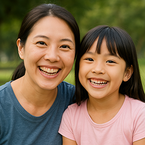 在公園般的環境中，女人和年輕女孩在戶外一起微笑。
