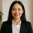 室內，身穿黑色西裝外套和白色襯衫的亞洲女性面帶微笑。