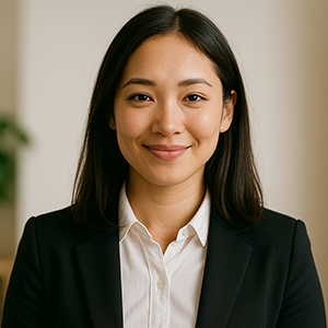 室內，身穿黑色西裝外套和白色襯衫的亞洲女性面帶微笑。