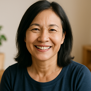 微笑的亞洲女性，留著黑色短髮，在室內穿著深藍色襯衫。