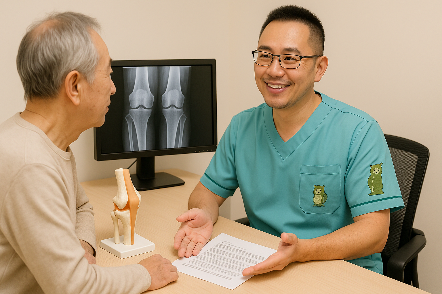 醫生向老年患者解釋膝蓋 X 光檢查；診所裡的膝蓋模型、螢幕、桌子。