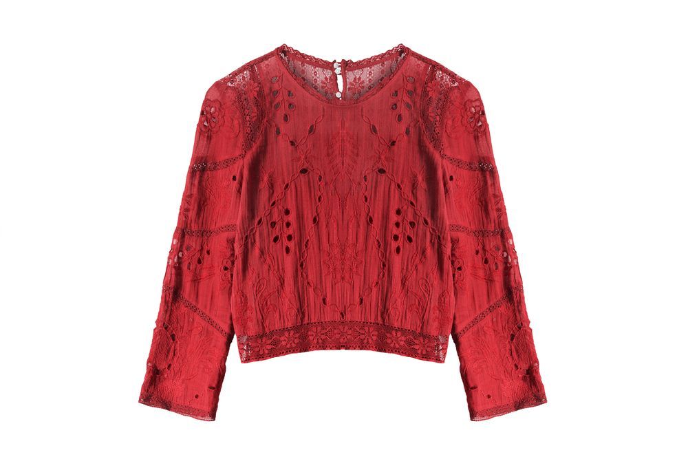 A Red Lace Crop Top With Bell Sleeves On A White Background — Tableland Workwear In Tolga, QLD