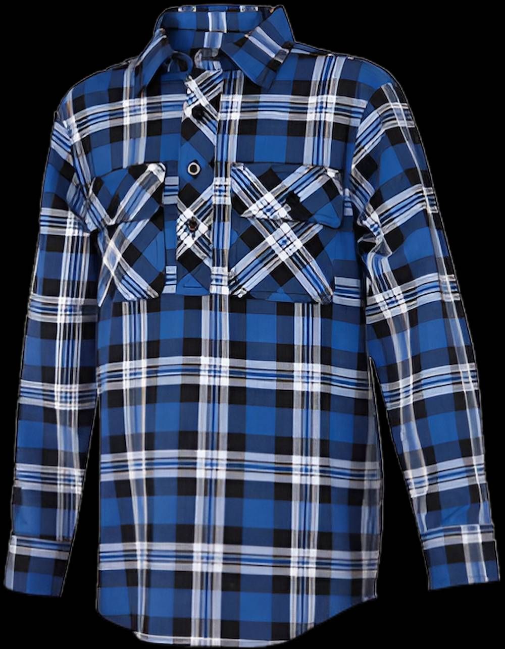 A Blue and Black Plaid Shirt With Long Sleeves — Tableland Workwear In Tolga, QLD