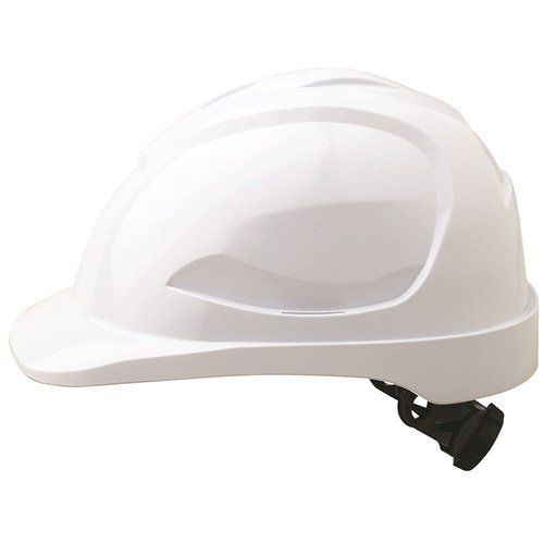 A White Hard Hat With A Black Strap On A White Background — Tableland Workwear In Tolga, QLD