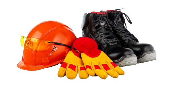 A Hard Hat, Gloves, Goggles and Boots on a Blue Background — Tableland Workwear In Tolga, QLD