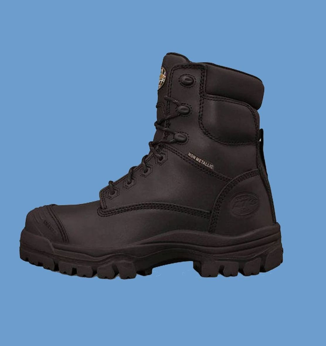 A Pair of Black Boots on a Blue Background — Tableland Workwear In Tolga, QLD