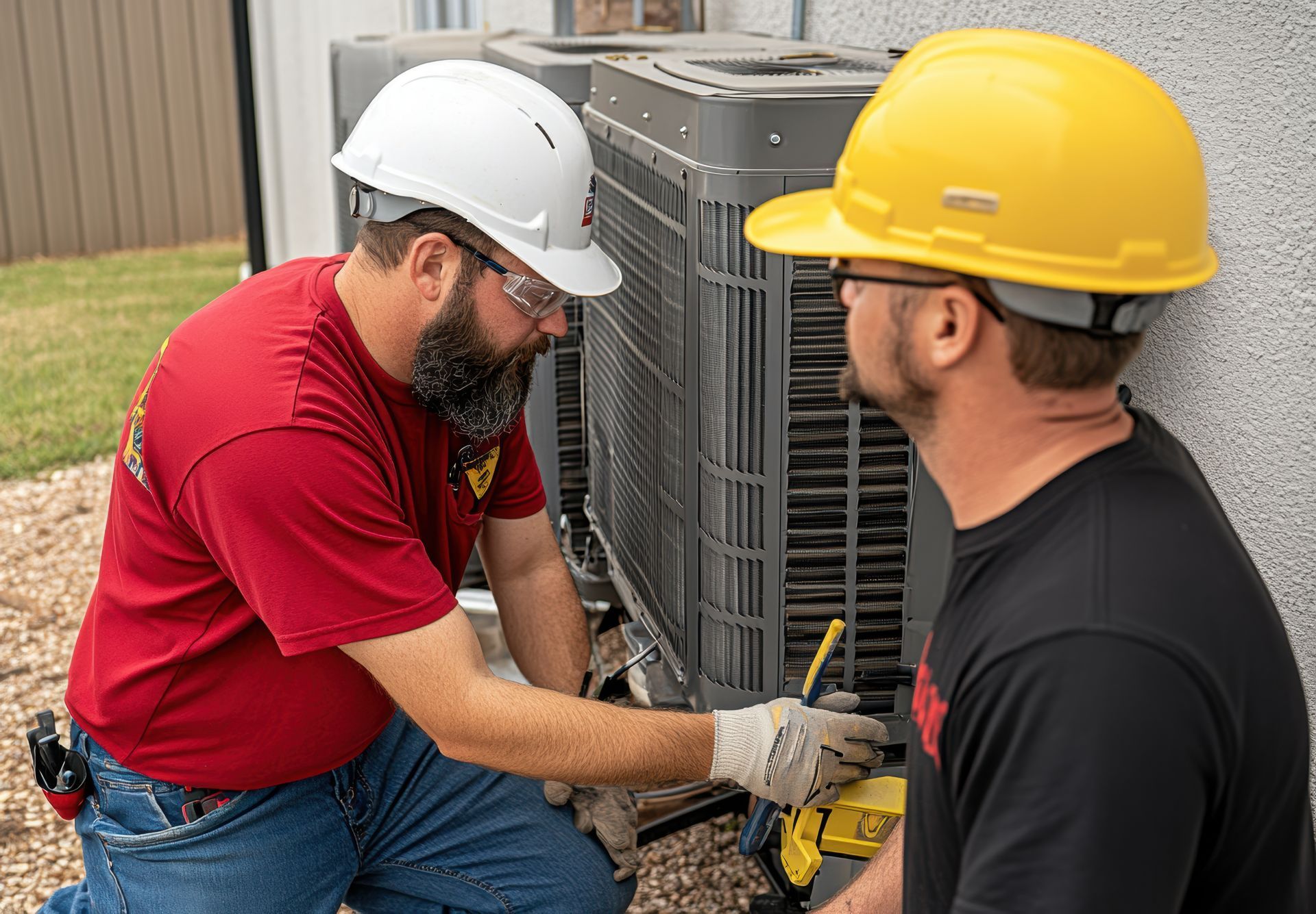 Two men wearing hard hats are working on an air conditioner.