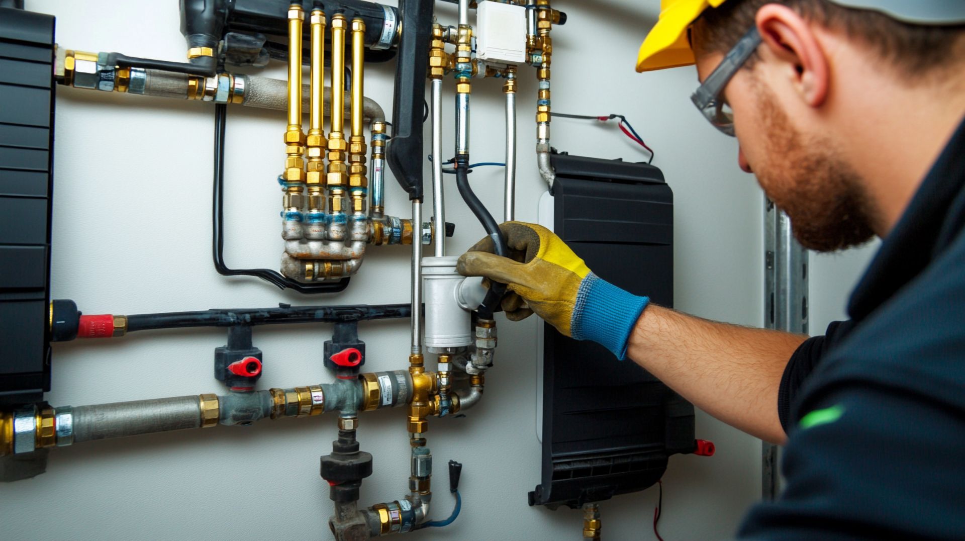 A man is working on a pipe system in a room.