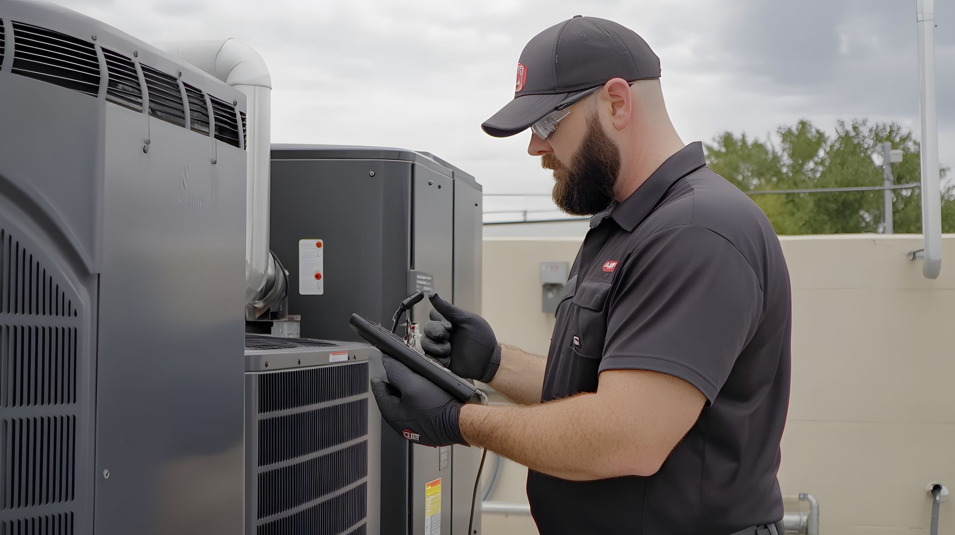 A man is looking at a tablet while working on an air conditioner.