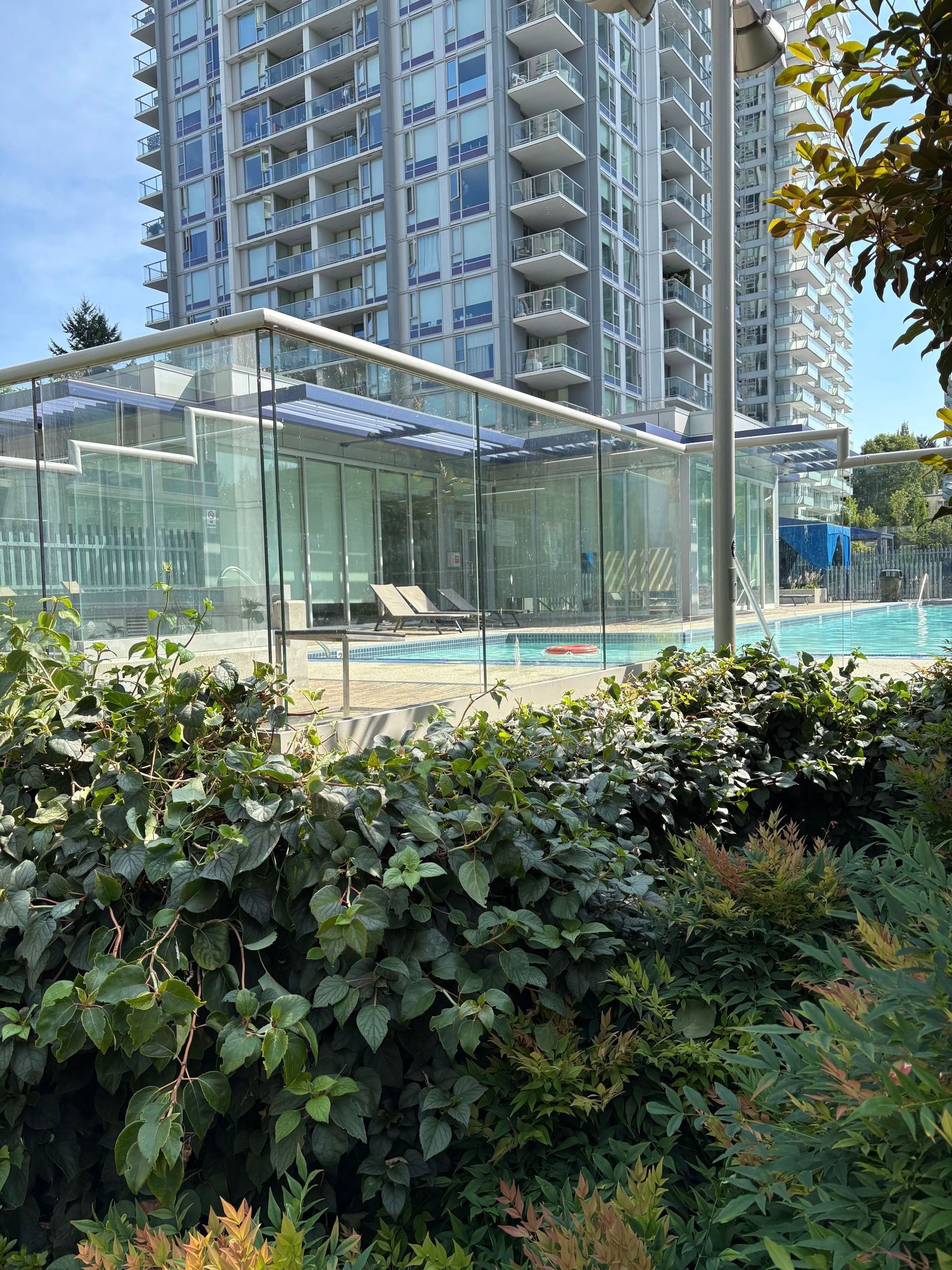 A tall, modern residential tower looms over a swimming pool enclosed by glass railings, viewed from behind dense greenery.