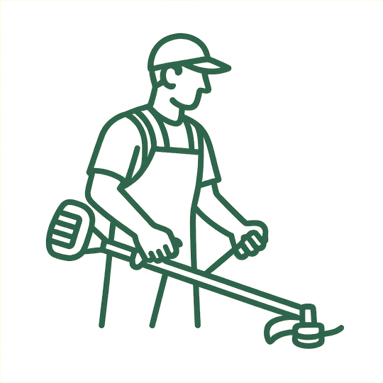 Gardener in a cap and apron using a weed wacker outdoors.