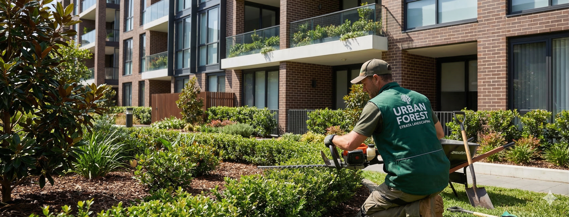 A landscaper in a green vest uses a hedge trimmer on shrubs in front of a modern brick apartment building.