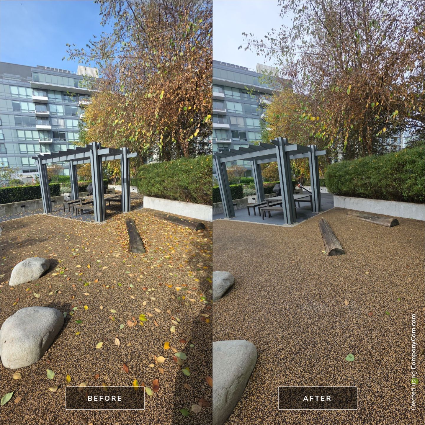 Before-and-after comparison of a playground area, showing the removal of fallen leaves from the gravel ground.