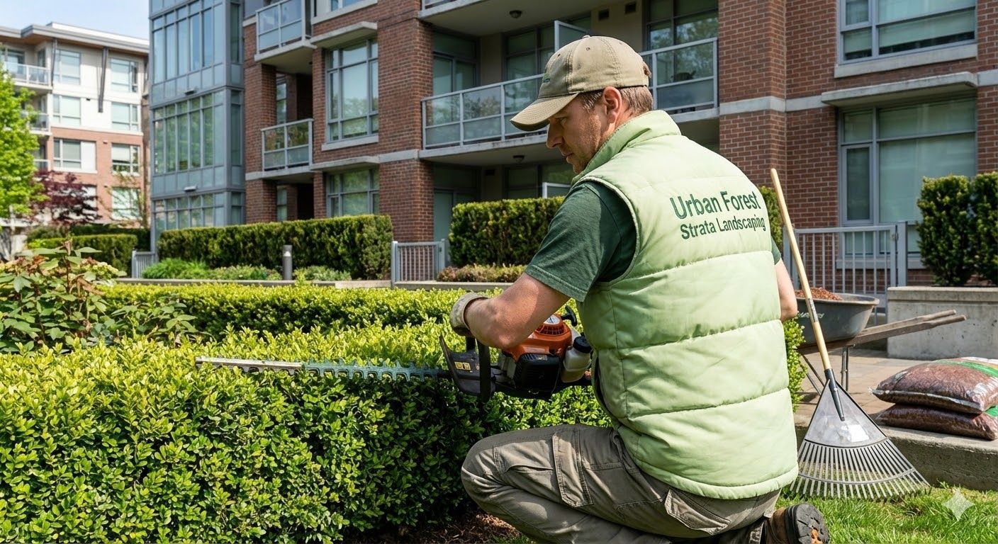 A person wearing a light green vest trims a hedge with power shears in front of a brick apartment building.