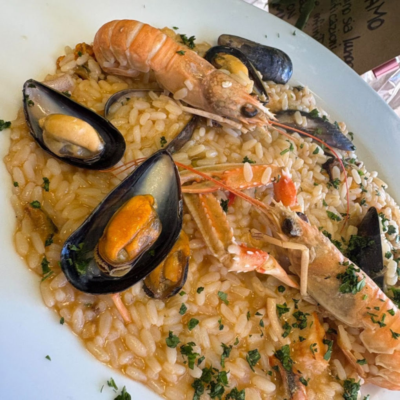 Un piatto bianco con riso, cozze e gamberi