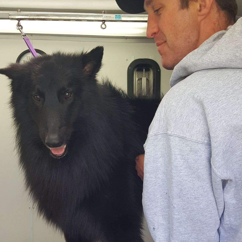 Man With His Furry Black Dog — Barkingham Mobile Pet Spa — Nottingham, NH