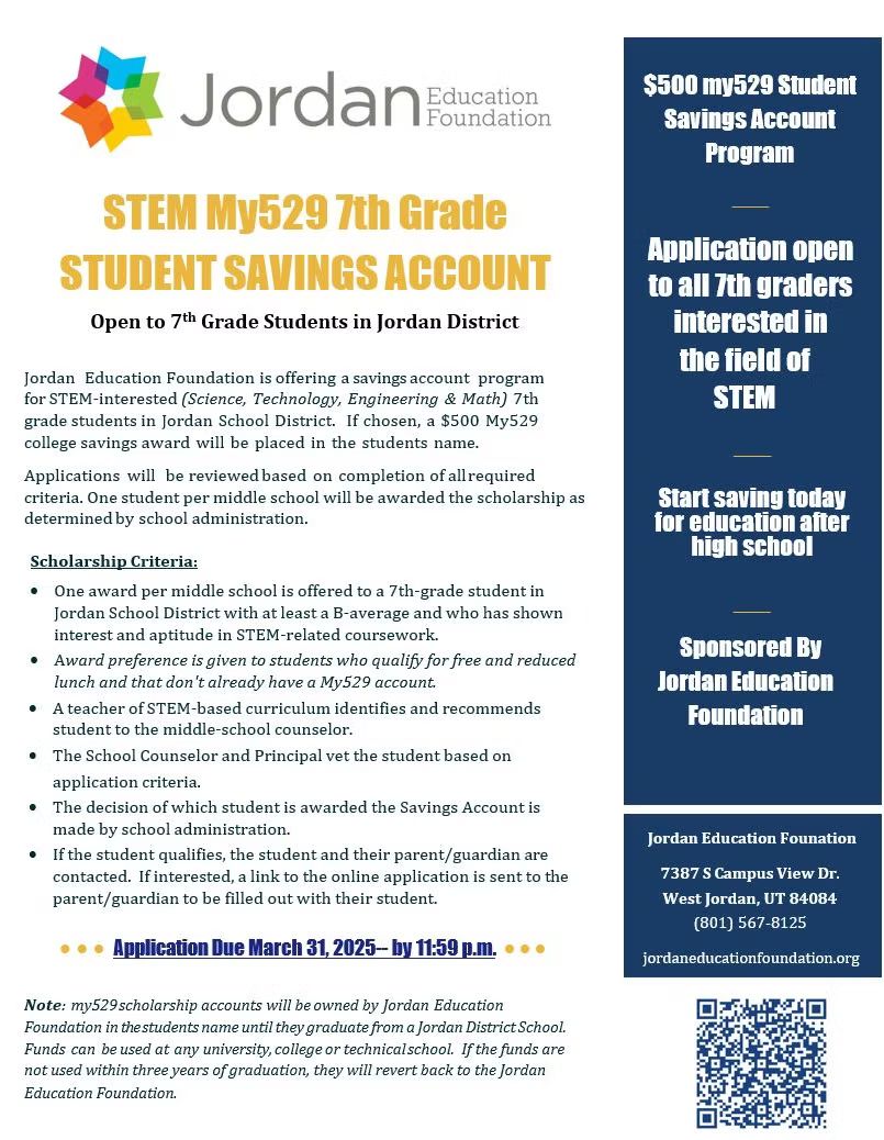 A flyer for the jordan stem my529 7th grade student savings account